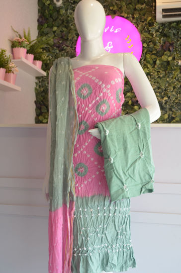 Picture of Pink and Teal Tie and Dye Bandhani Silk Cotton Dress Material