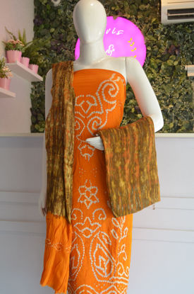 Picture of Orange and Kakhi Tie and Dye Bandhani Rayon Dress Material