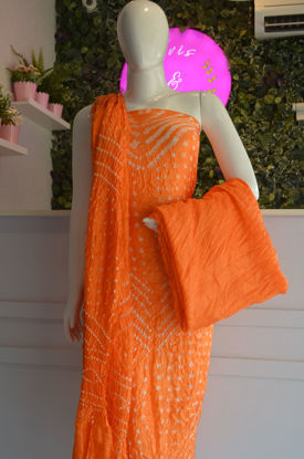 Picture of Orange Tie and Dye Bandhani Art silk Dress Material