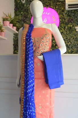 Picture of Peach and Royal Blue Kota Bandhani Dress Material
