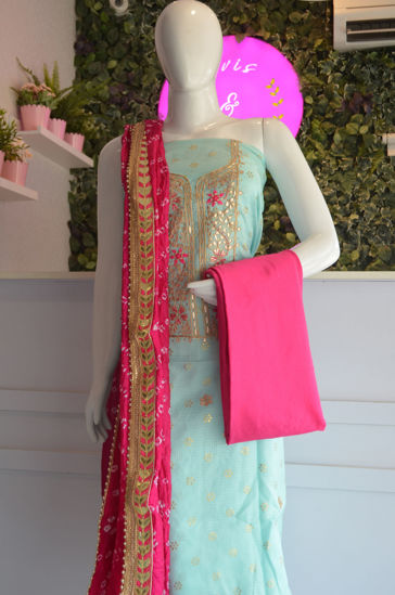 Picture of Ice Blue and Pink Kota Bandhani Dress Material