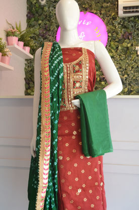 Picture of Maroon and Green Kota Bandhani Dress Material