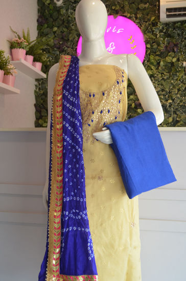 Picture of Cream and Royal Blue Kota Bandhani Dress Material