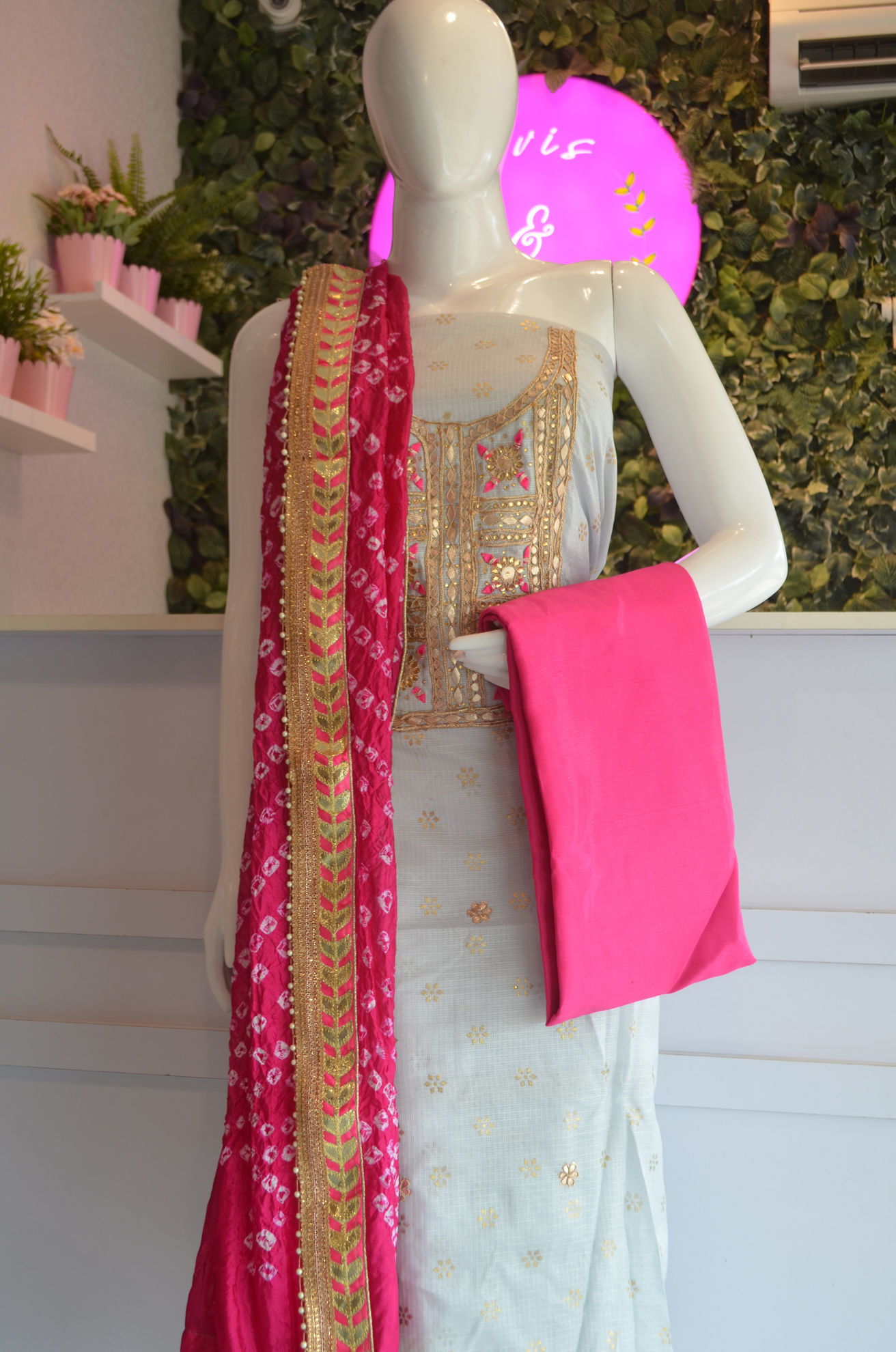 Sweet Grey and Pink Kota Bandhani Dress Material
