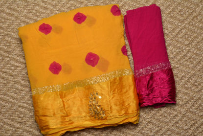 Picture of Yellow and Pink Bandhani Georgette Saree