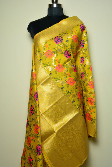 Picture of Yellow Semi Katan Banarasi Silk Dupatta with Heavy Zari Work