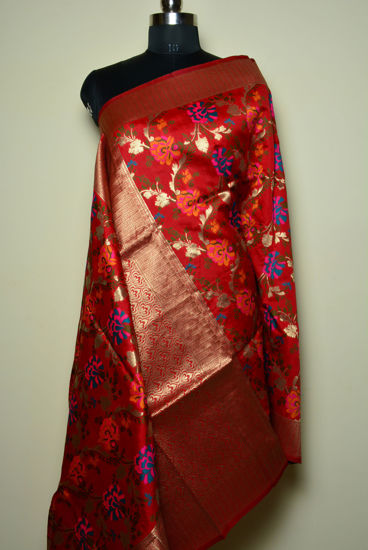 Picture of Red Semi Katan Banarasi Silk Dupatta with Heavy Zari Work