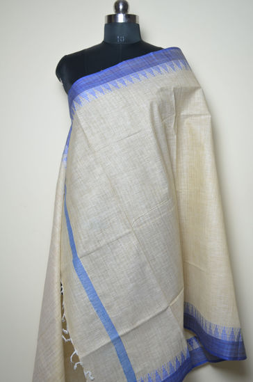 Picture of Nude and Blue Cotton Dupatta with Temple Border