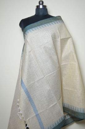 Picture of Nude and Peacock Green Cotton Dupatta with Temple Border