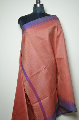 Picture of Peach and Blue Cotton Dupatta with Temple Border