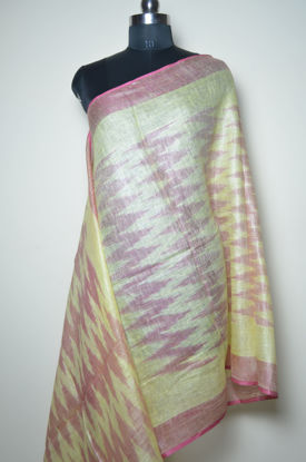 Picture of Lemon Yellow and Pink Ikkat Linen Dupatta