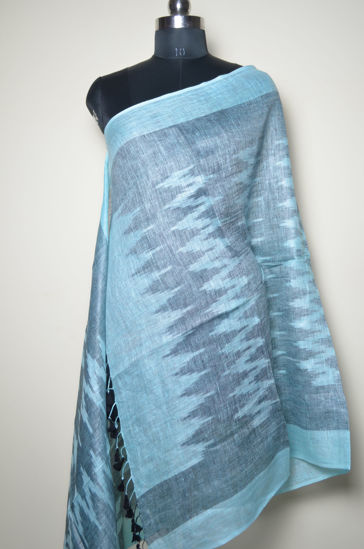 Picture of Sky Blue and Black Ikkat Linen Dupatta
