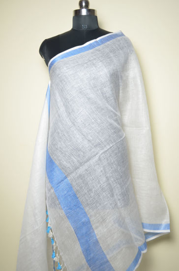 Picture of Ivory White and Blue Plain Linen Dupatta