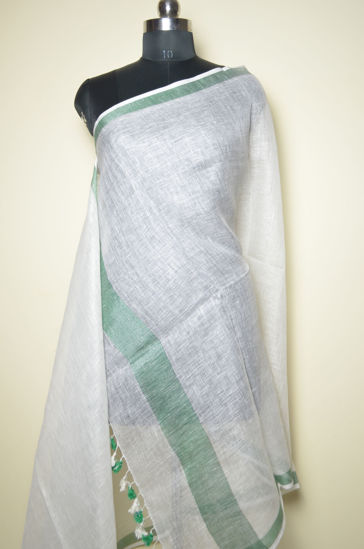 Picture of Ivory White and Green Plain Linen Dupatta