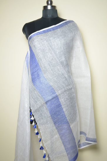 Picture of Ivory White and Royal Blue Plain Linen Dupatta