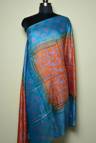 Picture of Orange and Blue Muslin Silk Printed Dupatta