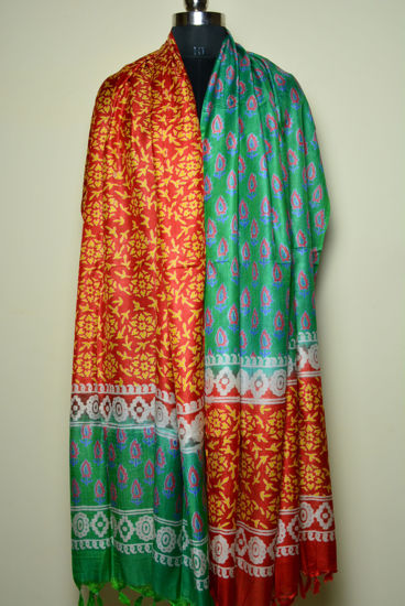 Picture of Green and Red Muslin Silk Half and Half Printed Dupatta