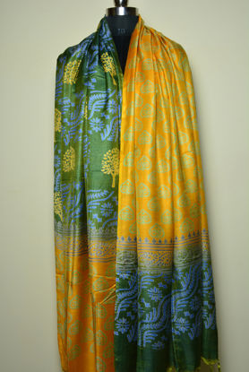 Picture of Yellow and Green Muslin Silk Half and Half Printed Dupatta