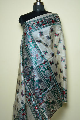 Picture of Ivory White, Green and Red Tussar Silk Meenakari Print Dupatta
