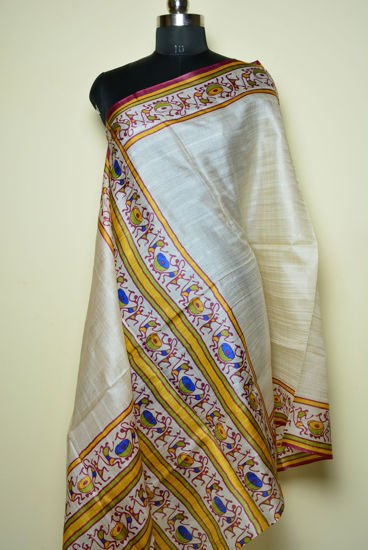 Picture of Ivory White and Multi Colour Tussar Silk Warli Print Dupatta