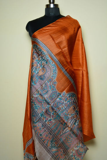 Picture of Copper and Ivory White Tussar Silk Meenakari Print Dupatta