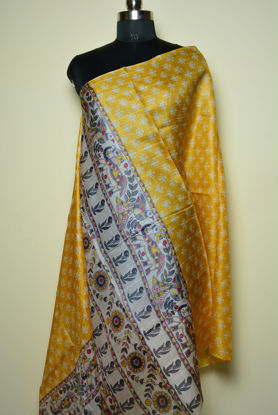 Picture of Yellow and Ivory White Tussar Silk Meenakari Print Dupatta
