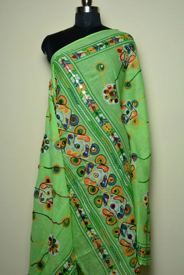 Picture of Pista Green Rajasthani Cotton Mirror Work Dupatta