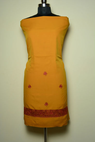 Picture of Hand Embroidered Mustard Yellow Crepe Kashmiri Dress Material