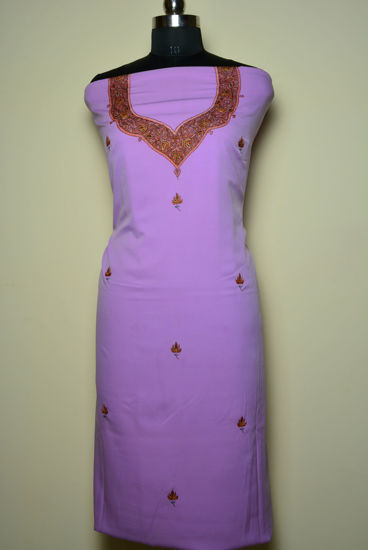 Picture of Hand Embroidered Lavender Crepe Kashmiri Dress Material
