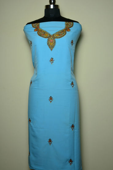 Picture of Hand Embroidered Blue Crepe Kashmiri Dress Material