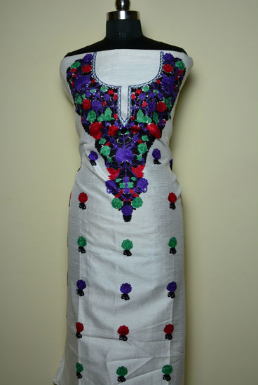 Picture of Hand Embroidered White Art Silk Kashmiri Top Material