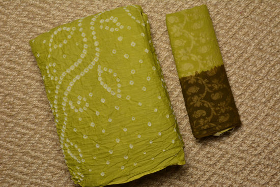 Picture of Olive Green and Mehendi Green Tie and Dye Bandhani Cotton Saree
