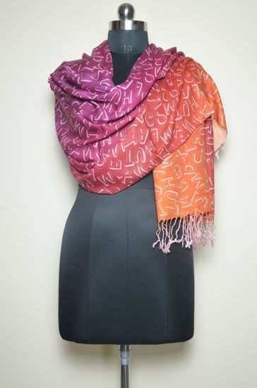 Picture of Orange and Pink Viscose Alphabet Print Stole