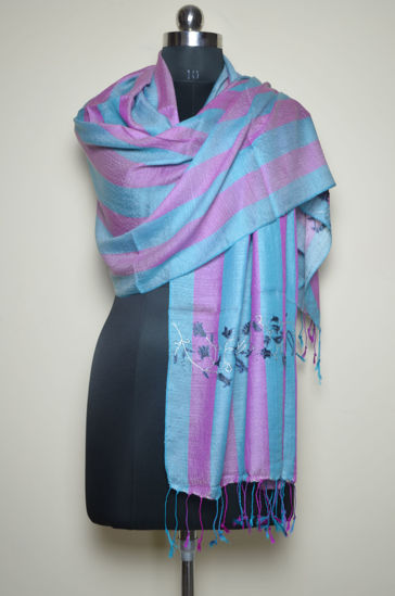 Picture of Lavender and Sea Blue Stripes Viscose Kashmiri Hand Embroidery Stole