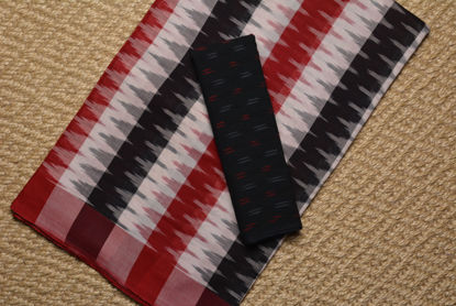 Picture of Black, Red and White Stripes Pochampally Ikkat Cotton Saree
