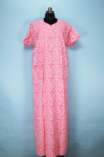 Picture of White and Pink Full Length Printed Cotton Nighty