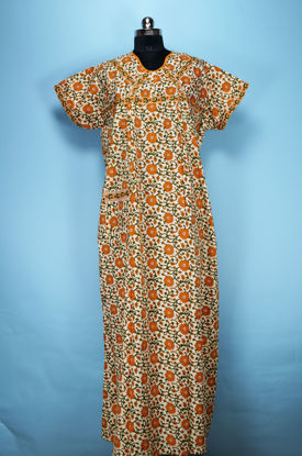 Picture of "Nude, Mustard Yellow and Green Full Length Floral Printed Cotton Nighty "
