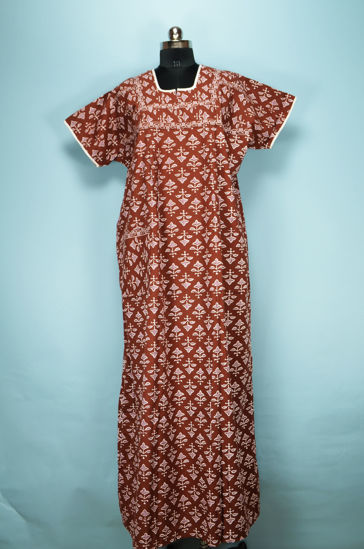 Picture of Brick Red Full Length Printed Cotton Nighty
