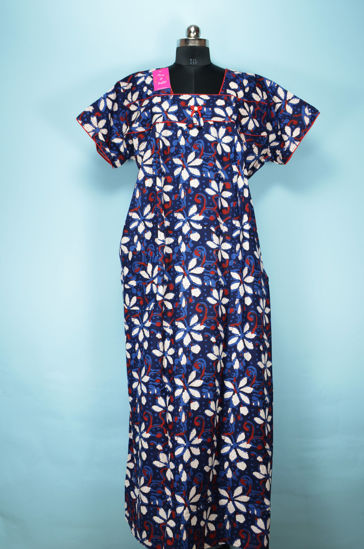 Picture of Navy Blue and Red Full Length Floral Printed Cotton Nighty