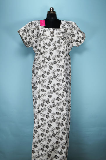 Picture of White with Grey and Black Floral Printed Full Length Cotton Nighty