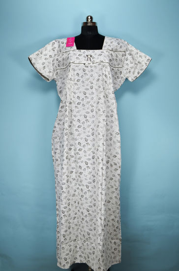 Picture of White with Grey and Black Floral Printed Full Length Cotton Nighty