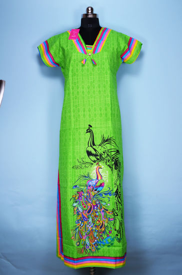 Picture of Green V Neck Full Length Peacock Design Cotton Slim Fit Nighty