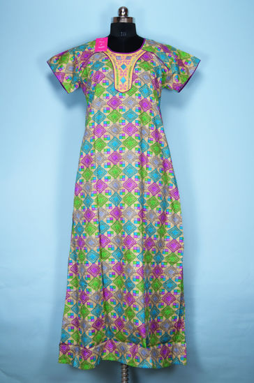 Picture of Nude with Muticolour Geometric Design Embroidered Full Length Cotton Slim Fit Nighty