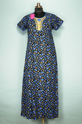 Picture of Black and Blue Floral print Embroidered Full Length Cotton Slim Fit Nighty