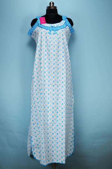 Picture of White and Blue Sleeveless Floral Printed Full Length Cotton Nighty