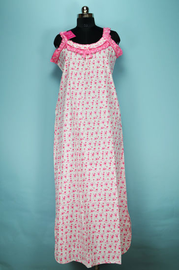 Picture of White and Pink Sleeveless Floral Printed Full Length Cotton Nighty