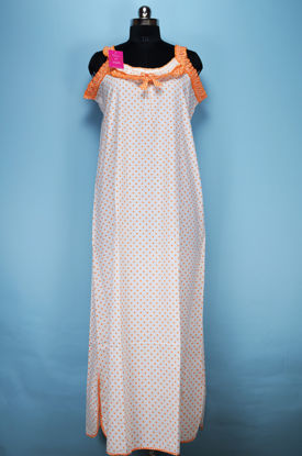 Picture of White and Orange Sleeveless Polka Dots Full Length Cotton Nighty