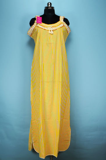 Picture of Yellow and White Sleeveless Stripes Full Length Cotton Nighty