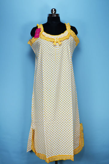 Picture of White and Yellow Sleeveless Polka Dots Calf Length Cotton Nighty