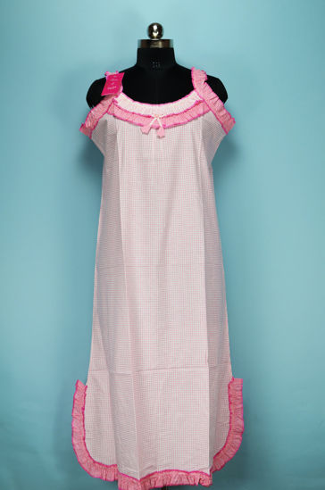 Picture of White and Pink Sleeveless Checks Design Calf Length Cotton Nighty